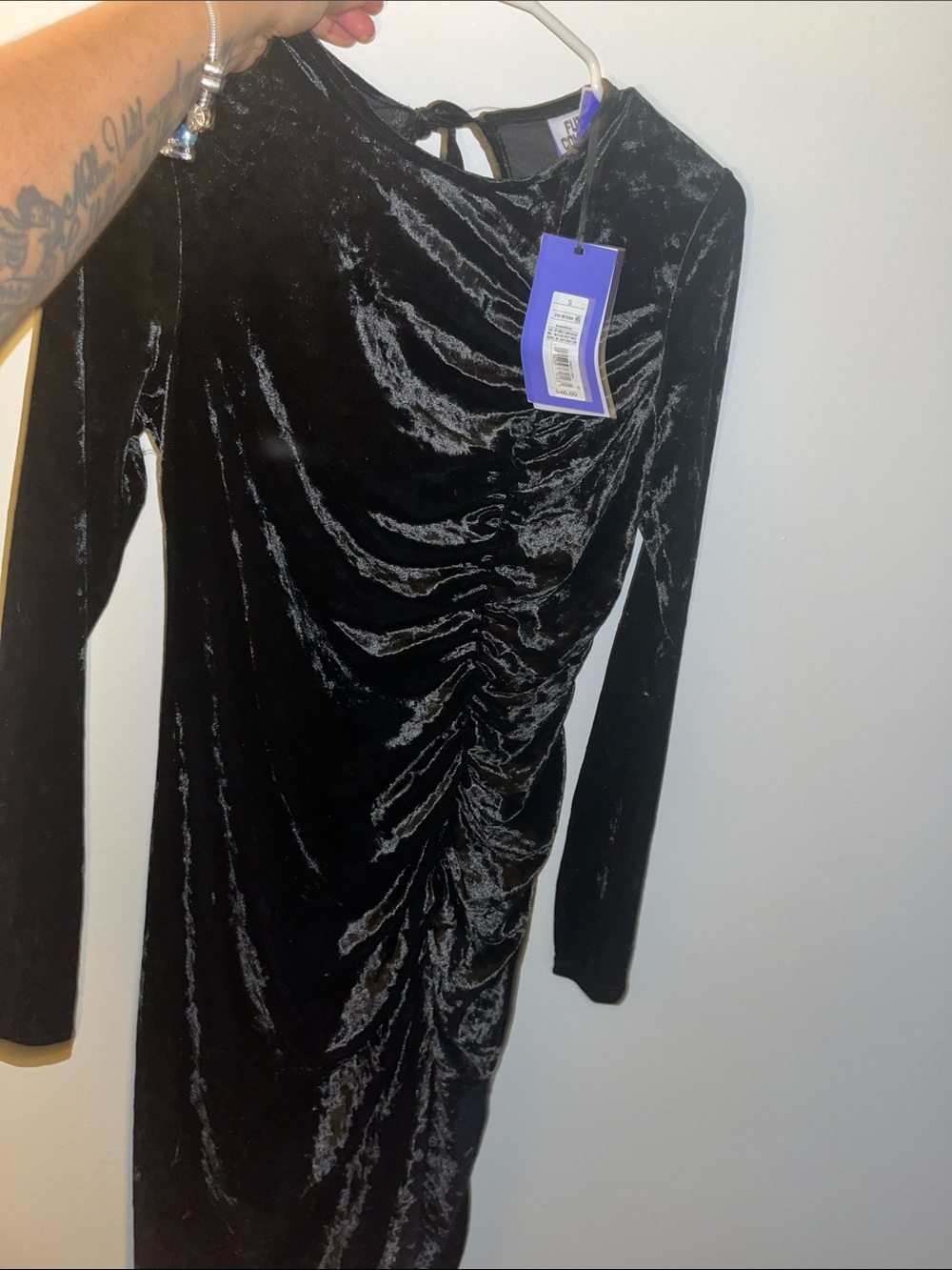 Velvet Ruched Long-Sleeve Dress with open slit- Black